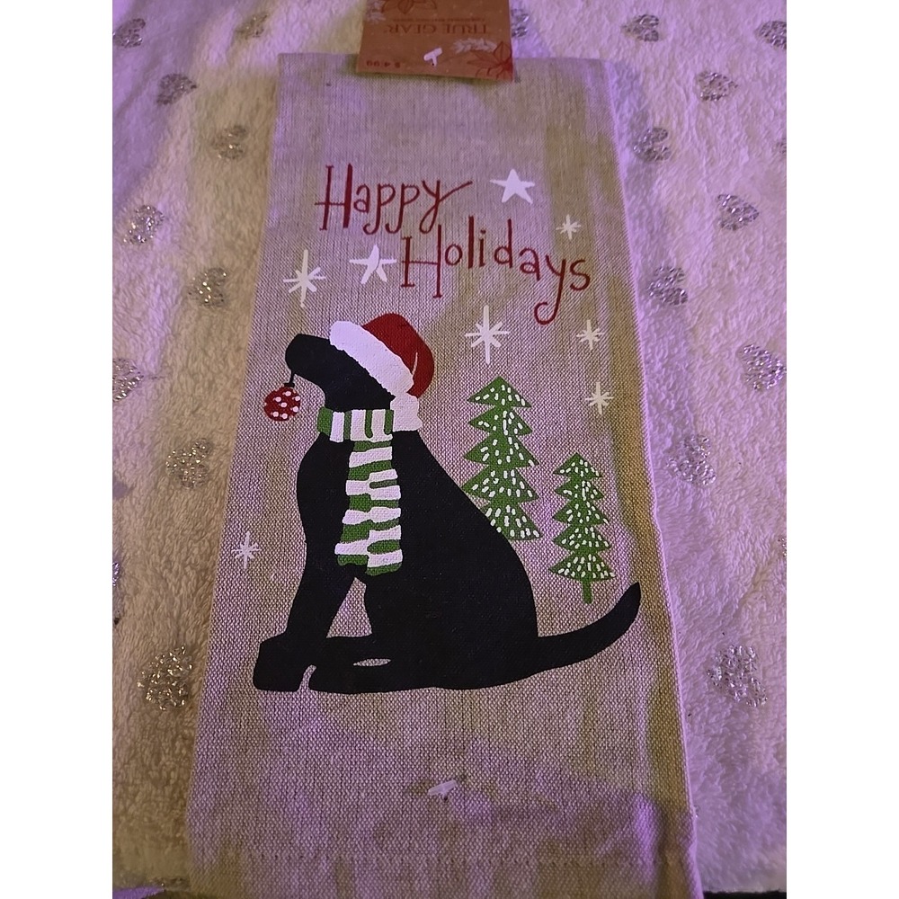 True Gear Happy Holidays Black Lab Dog Christmas Kitchen Hand Towel New